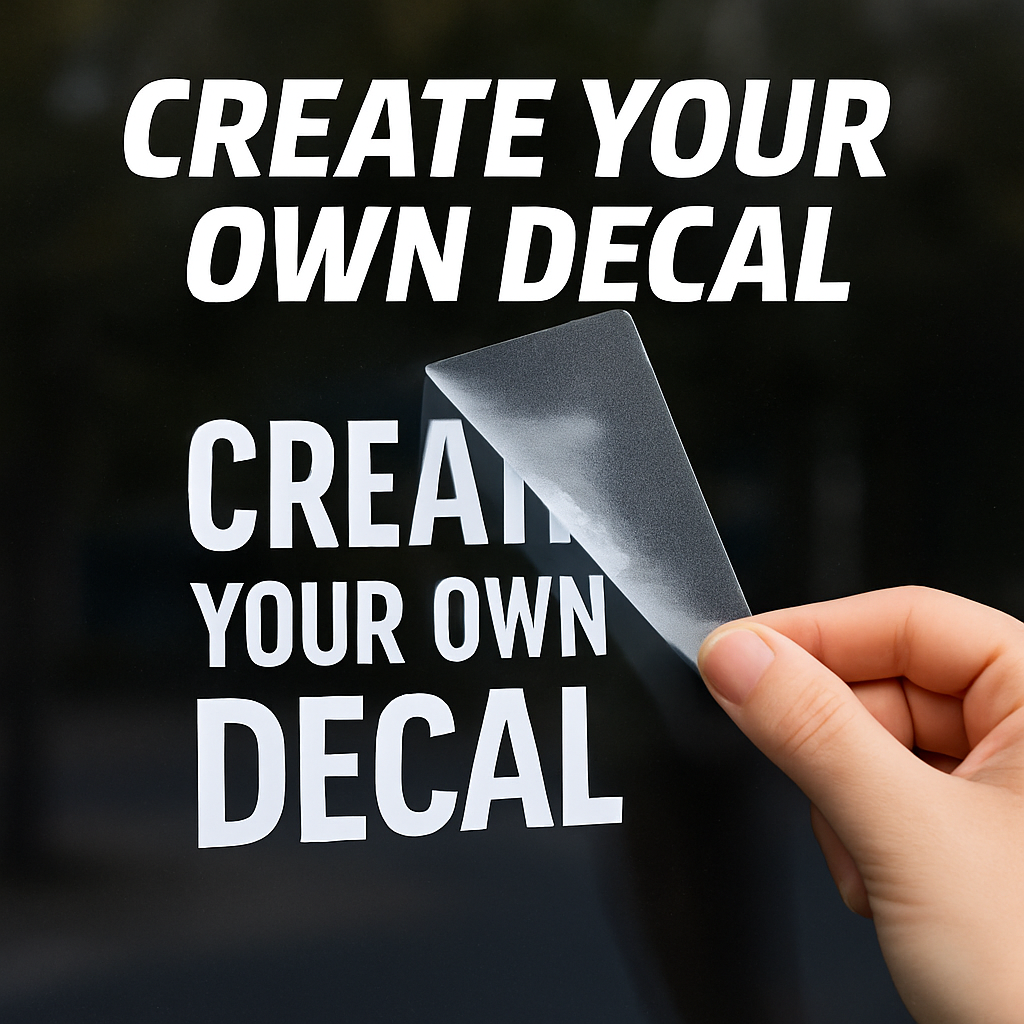Header image of a person peeling off transfer tape from a vinyl decal placed on a window with the words 'create your own decal'