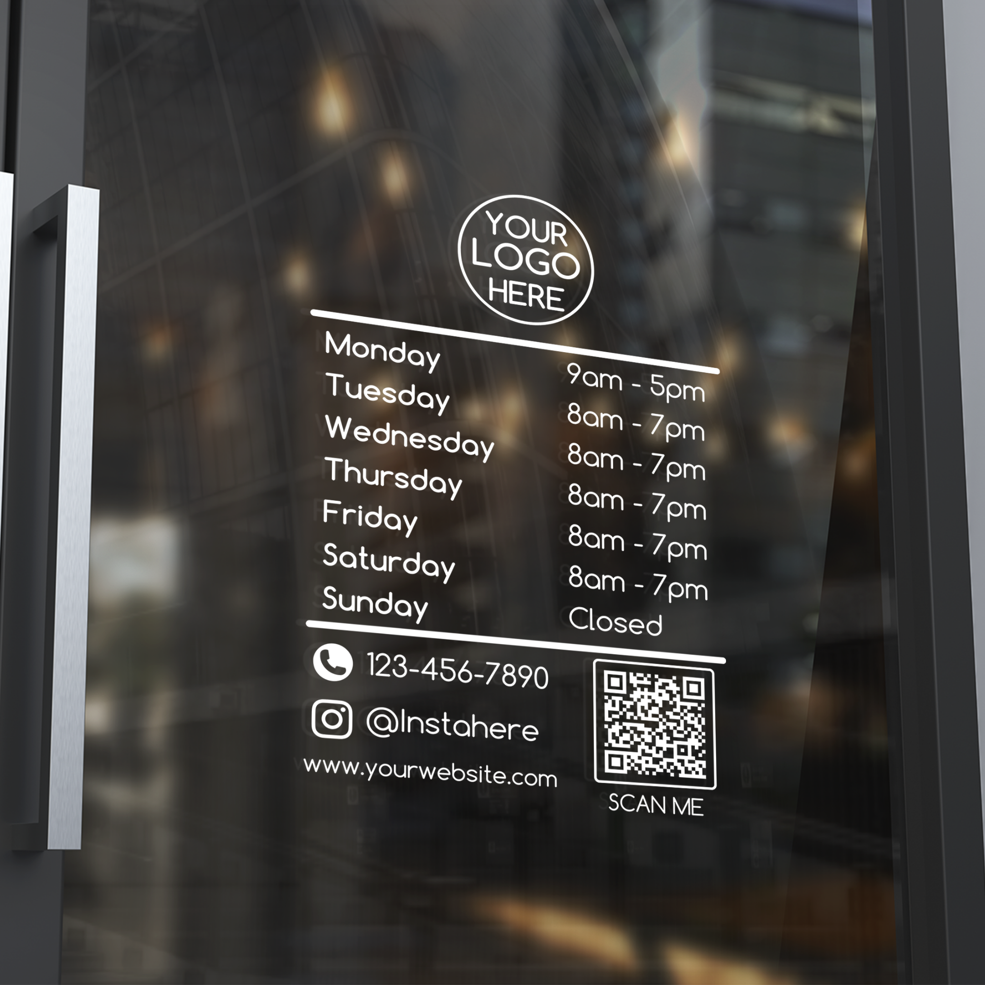 a vinyl decal on a storefront door featuring storefront hours 