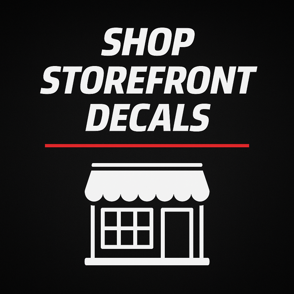 Header image with the text ‘Shop Storefront Decals’ on a black background, featuring a white storefront icon and a red divider line.