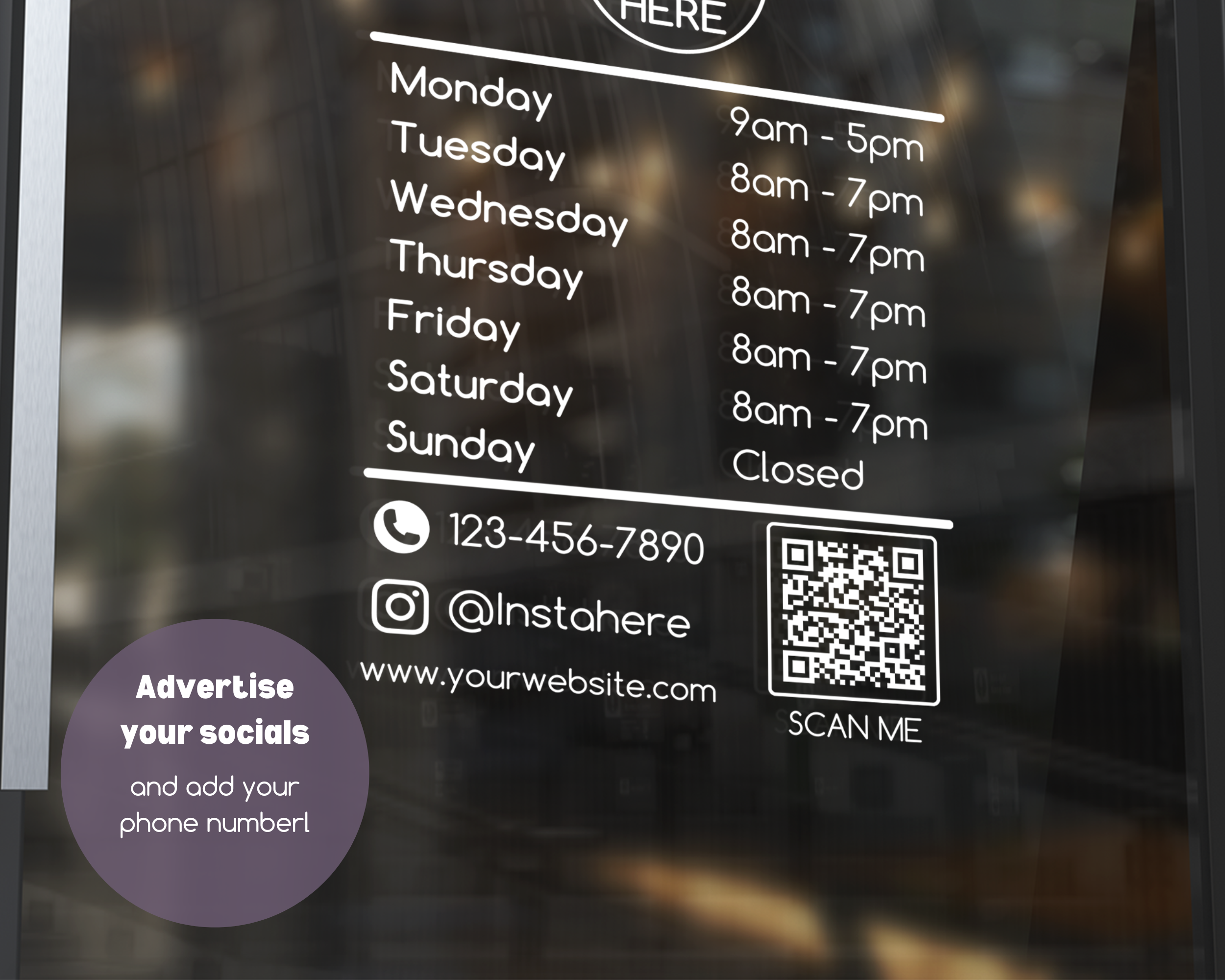 Custom Store Hours Decal | Business Hours Window Sticker for Storefront Doors
