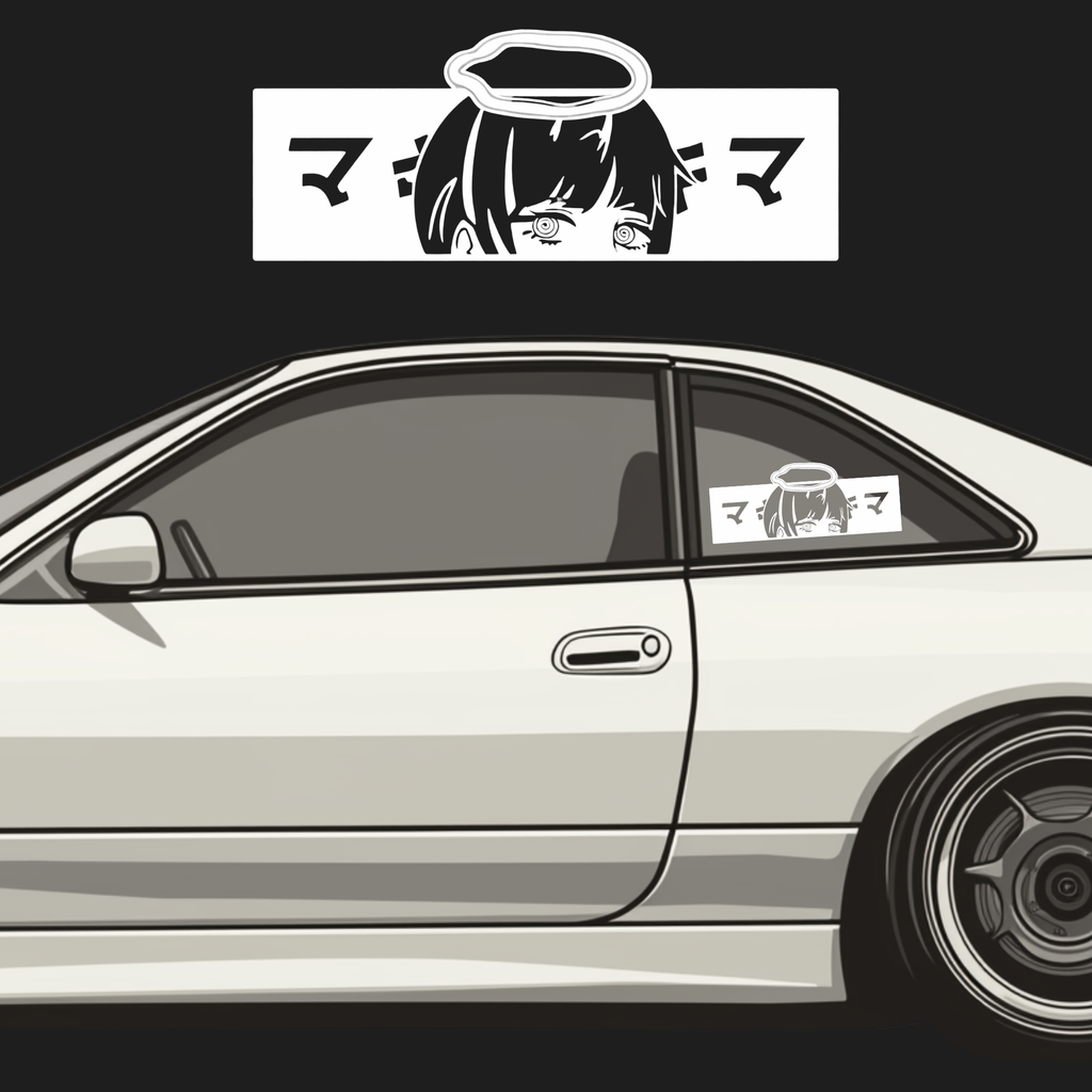 Car with anime character decal on a black background