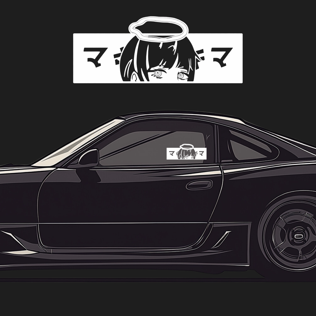 Black car with anime-style character and text on a black background