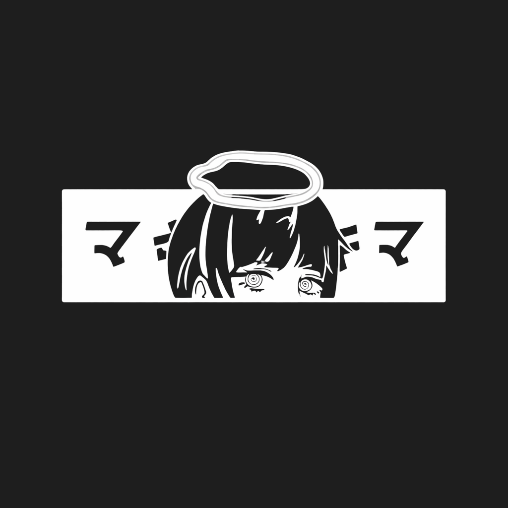 Black and white illustration of an anime character with a halo and Japanese text on a black background