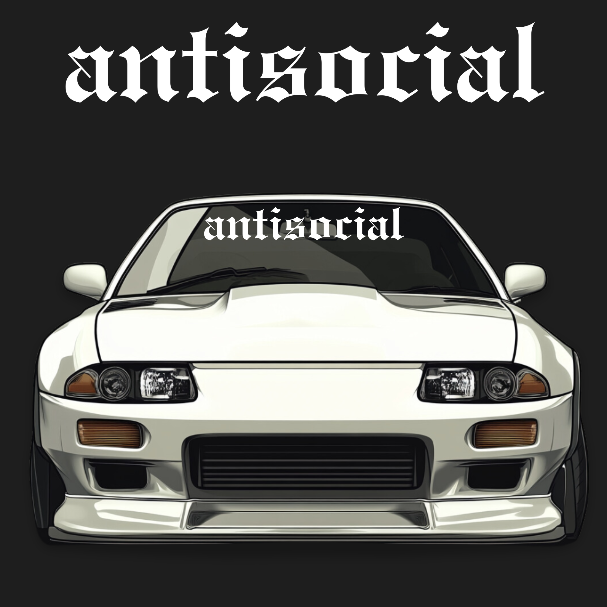 White car with 'antisocial' decal on a black background