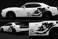 A white muscle car shown in three views against a dark studio background, featuring a large black graphic decal on the side with a horned female figure and clawed hand design.