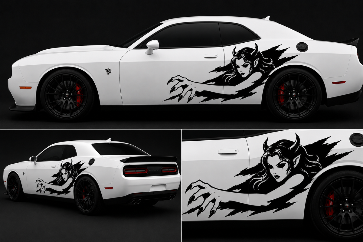 A white muscle car shown in three views against a dark studio background, featuring a large black graphic decal on the side with a horned female figure and clawed hand design.