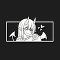 A black and white line art sticker or decal featuring a cute anime-style demon girl with horns, pointed ears, and bat wings, shown on a solid black background.