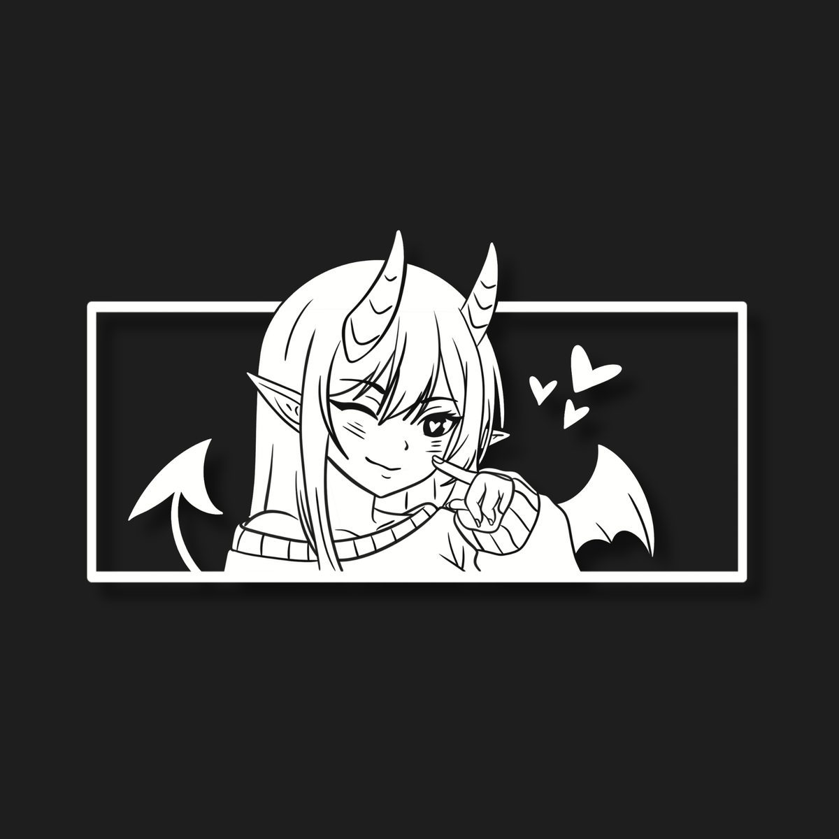 A black and white line art sticker or decal featuring a cute anime-style demon girl with horns, pointed ears, and bat wings, shown on a solid black background.