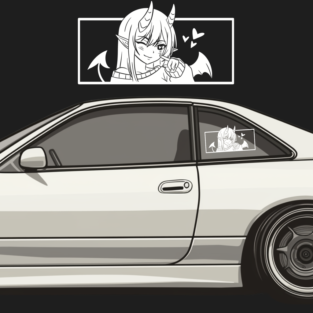 A side-view illustration of a white sports coupe with a small anime-style window decal on the rear side window. Above the car, a larger matching decal design is shown on a black background.