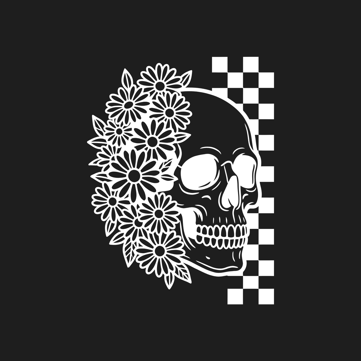 A black and white graphic design featuring a human skull partially obscured by white daisy flowers on the left, with a black-and-white checkered vertical stripe on the right, set against a solid black background.