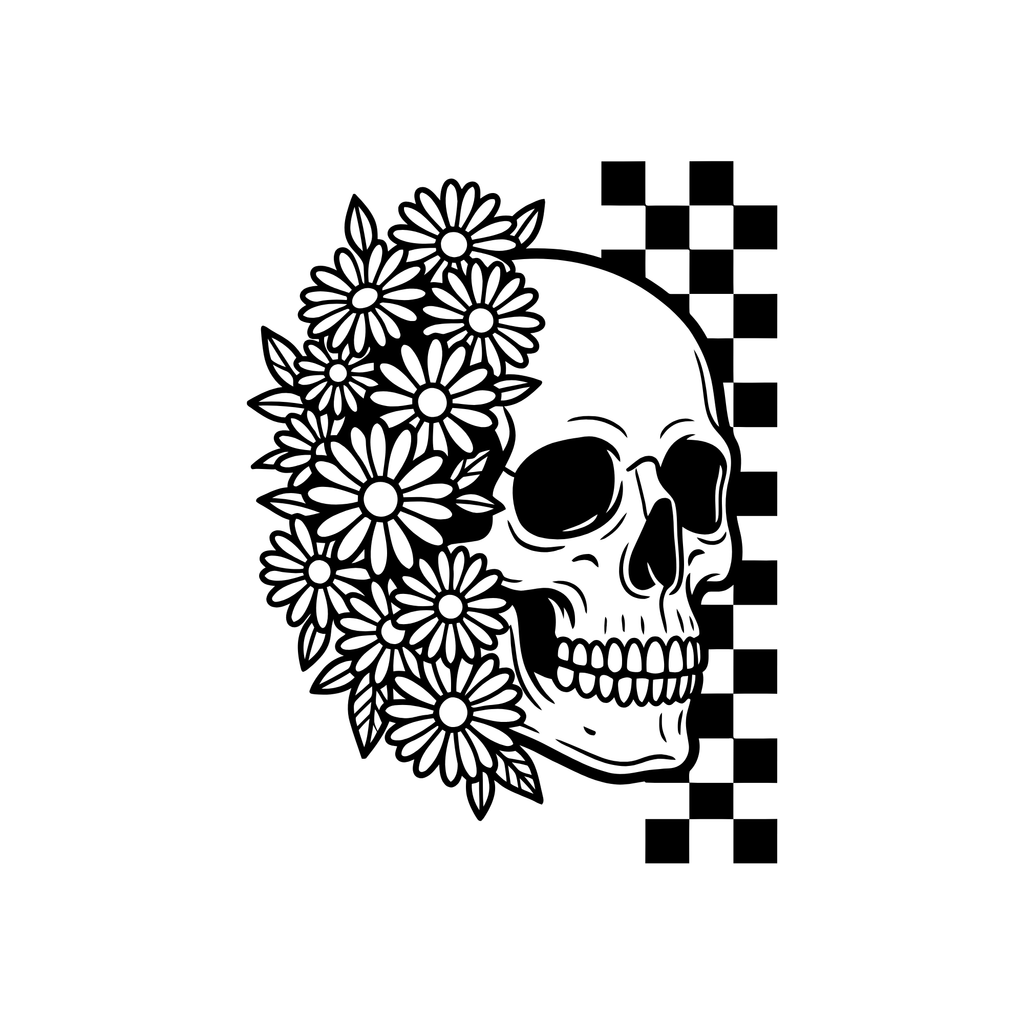Black and white graphic design featuring a human skull partially covered by white daisy flowers, with a black and white checkered square pattern on a white background.
