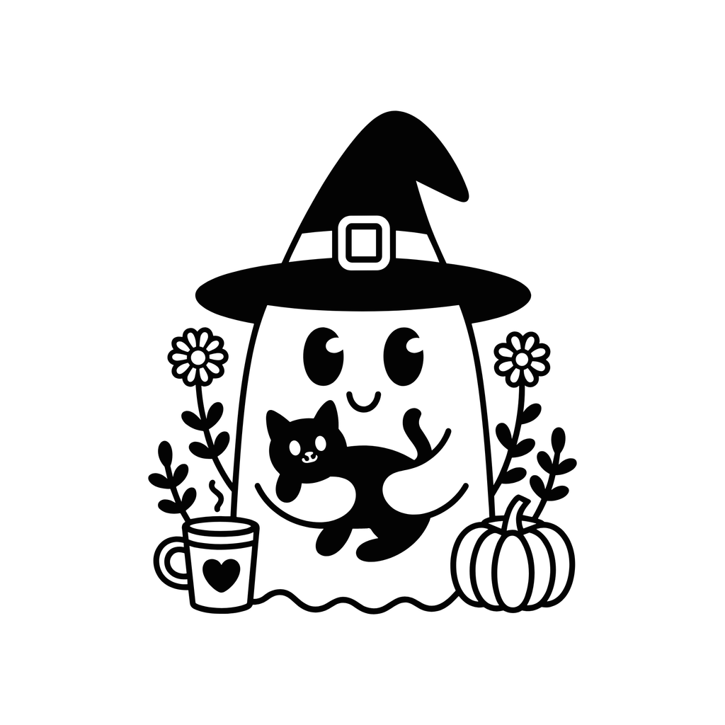 Black and white cartoon illustration of a smiling ghost wearing a witch hat, holding a black cat, with flowers, a pumpkin, and a mug around it on a plain white background.