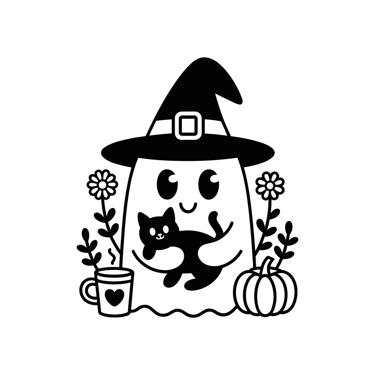 Black and white cartoon illustration of a smiling ghost wearing a witch hat, holding a black cat, with flowers, a pumpkin, and a mug around it on a plain white background.