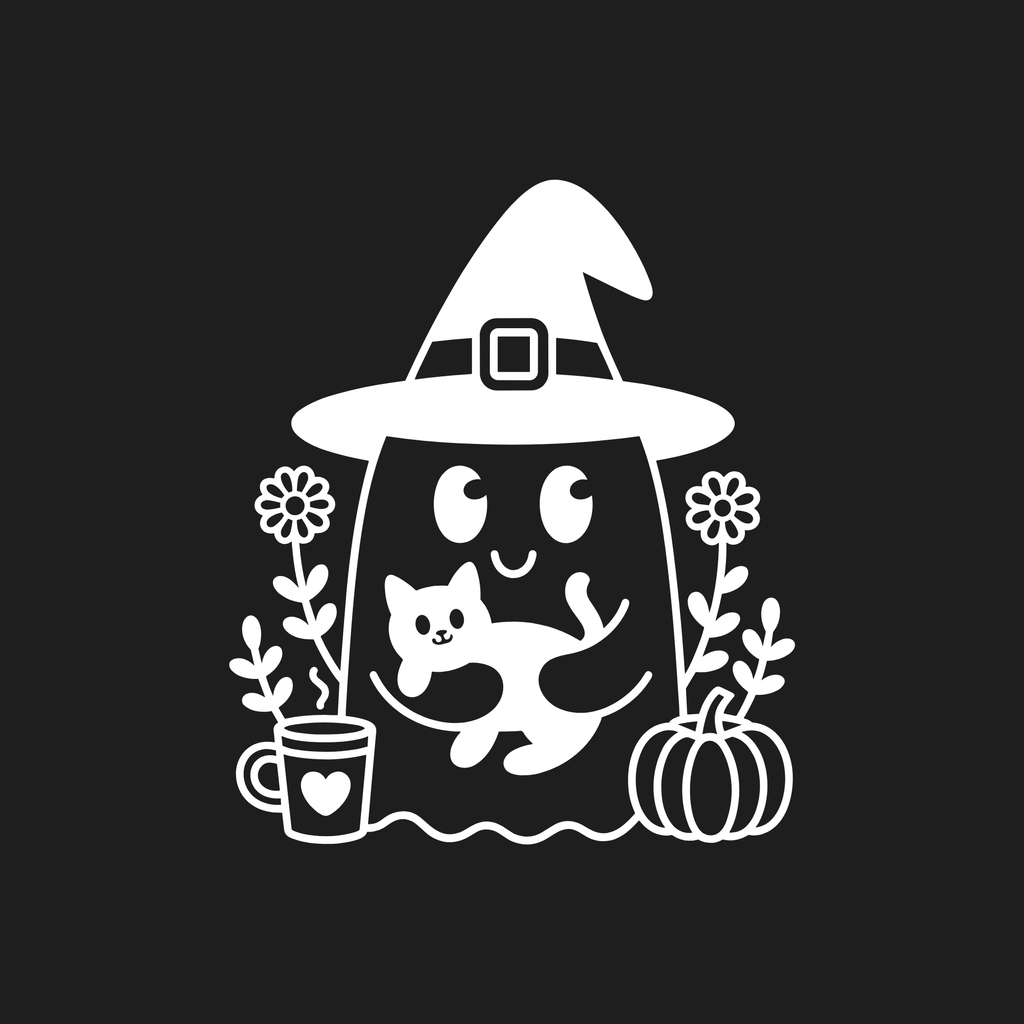 A white Halloween-themed graphic illustration on a solid black background, featuring a smiling ghost in a witch hat holding a small cat, with flowers, a mug, and a pumpkin.