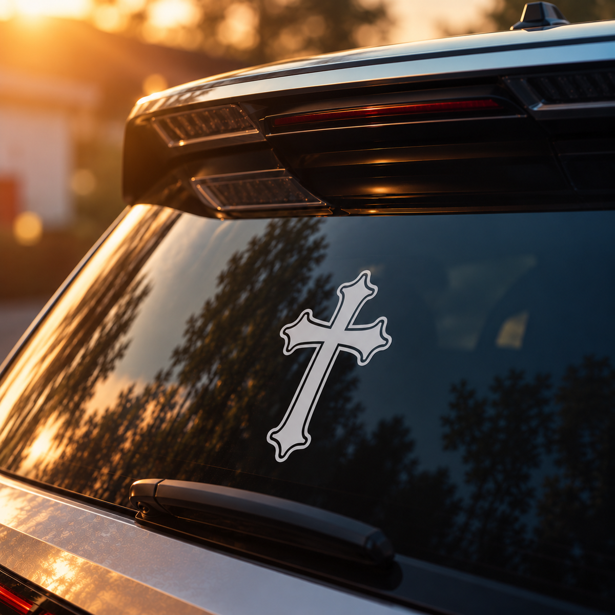 A white die-cut cross decal with a black outline applied to the rear window of a dark SUV, shown in warm sunset light with reflections of trees.