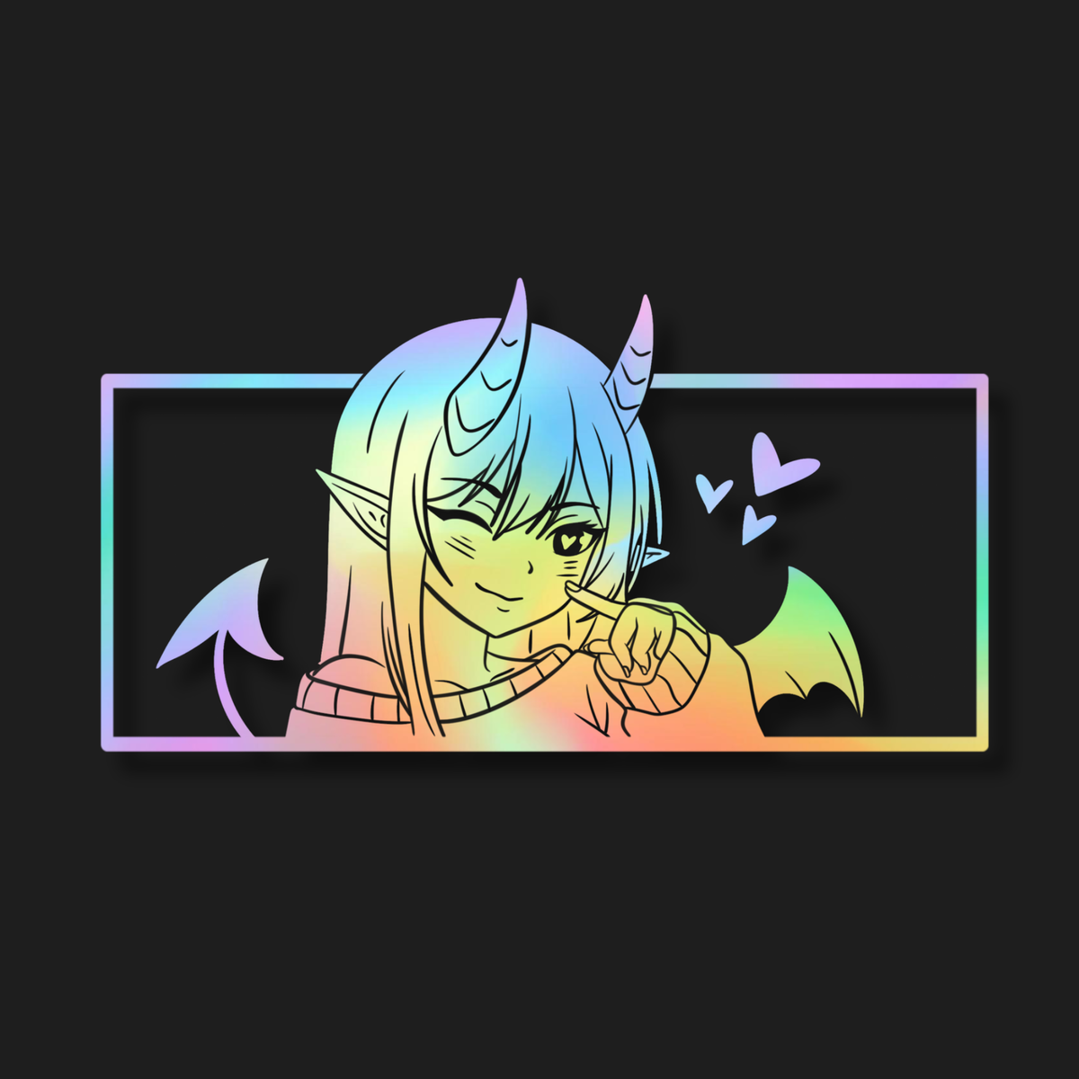 A rectangular sticker or decal with rounded corners featuring a stylized anime devil  girl illustration. The character has blue hair, horns, pointed ears, bat wings, and a small tail, posed inside a holographic rainbow border on a black background.