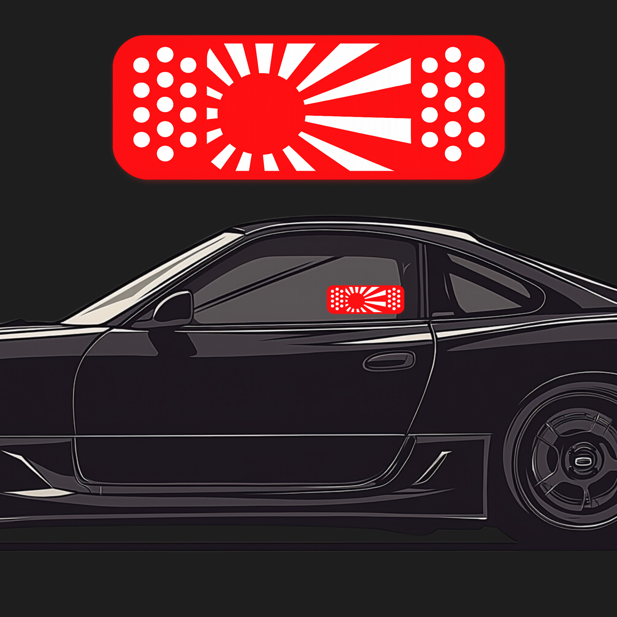 Black car with a red and white emblem rising sun decal on a black background