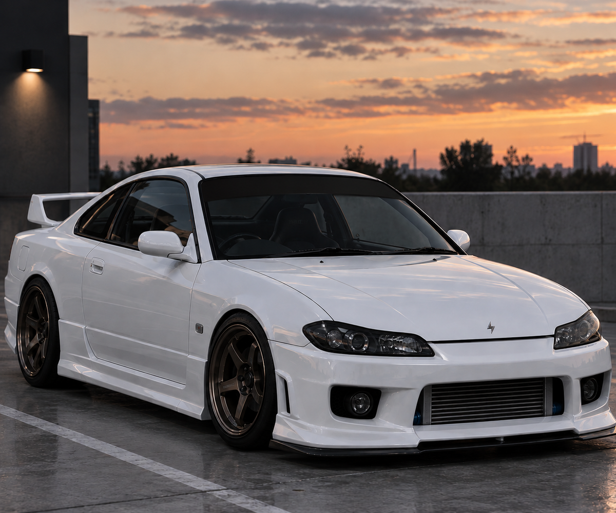 A white modified s15 parked on an outdoor rooftop at sunset featuring a plain black sun strip windshield banner decal.  The car features a custom front splitter, a large front grille, dark bronze multi-spoke wheels, and a rear spoiler, set against a concrete wall and a warm orange sunset sky.