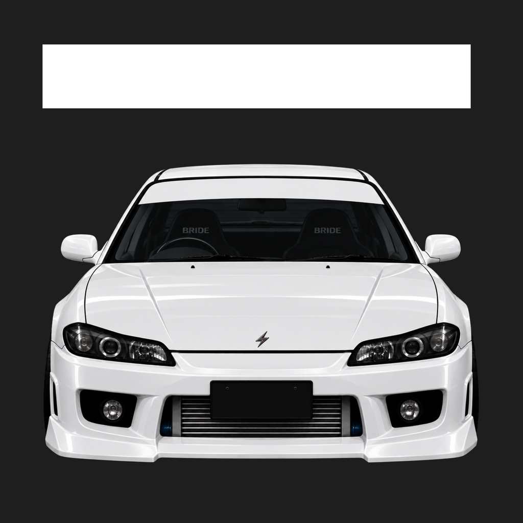 A white Nissan s15 featuring a plain white suntrip windshield banner decal. shown from a front-facing perspective against a dark gray background. The seats feature 'BRIDE' branding.