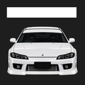 A white Nissan s15 featuring a plain white suntrip windshield banner decal. shown from a front-facing perspective against a dark gray background. The seats feature 'BRIDE' branding.