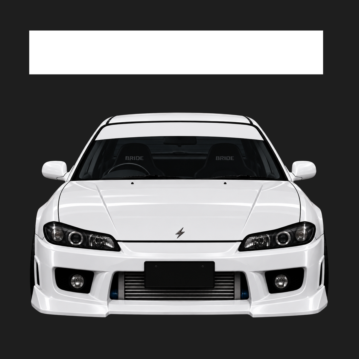 A white Nissan s15 featuring a plain white suntrip windshield banner decal. shown from a front-facing perspective against a dark gray background. The seats feature 'BRIDE' branding.