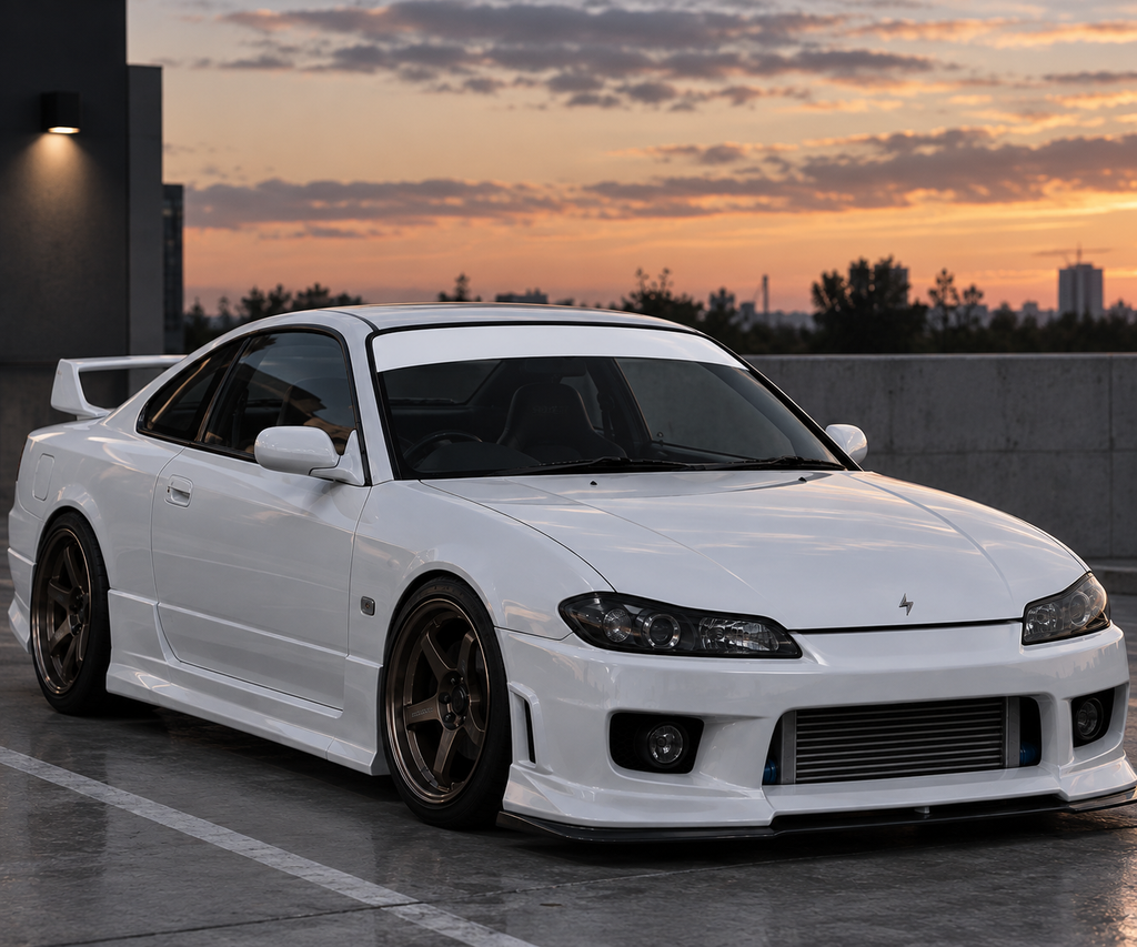 A white modified s15 on a rooftop at sunset with a plain white sunstrip windshield banner decal. featuring a large front splitter, a prominent intercooler grille, dark bronze wheels, and a rear spoiler.