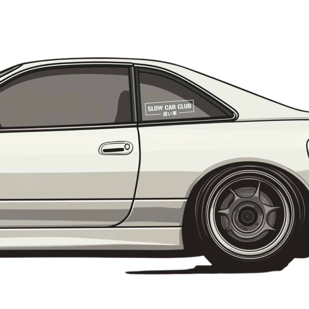 Side view of a car with a 'Slow Car Club' sticker on a white background