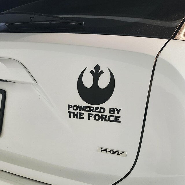 Car with 'Powered by the Force' decal on a white background
