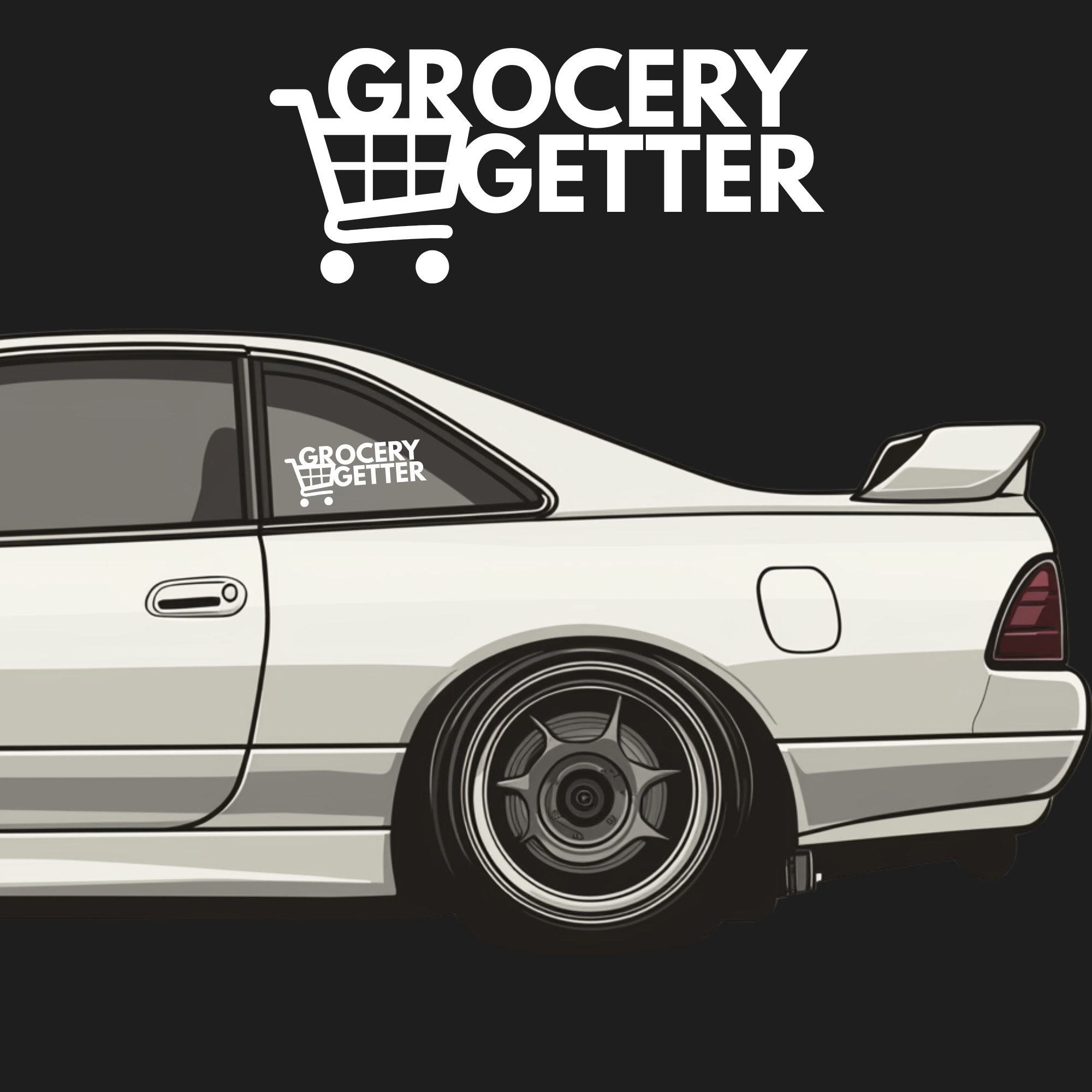 White car with 'Grocery Getter' decal on a black background