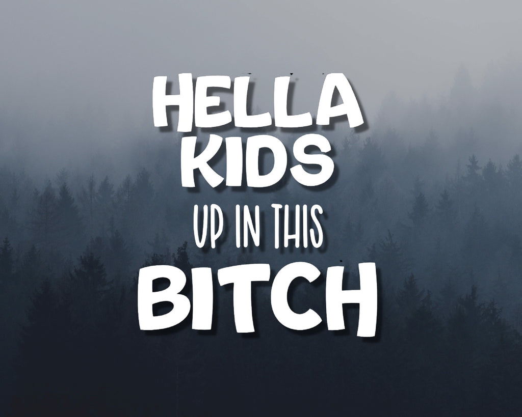 Hella Kids Up In This Bitch Vinyl Decal | Funny Baby On Board Sticker | Funny Bumper Stickers | Car Bumper Sticker | Kids On Board Decal