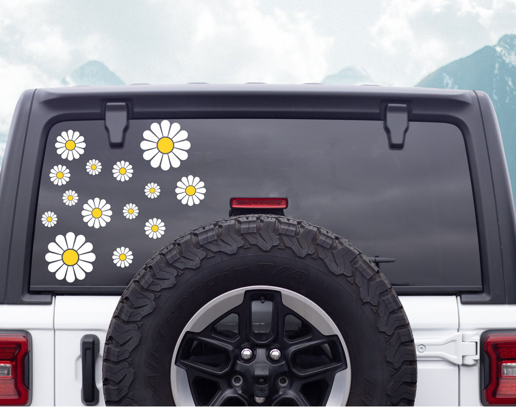 Daisy Decal Set of 14, Flower Decals for Cars, Pack of 14 Daisy Decals, Flower Car Decal, Hippie Flower Stickers. Daisy Waterbottle Stickers