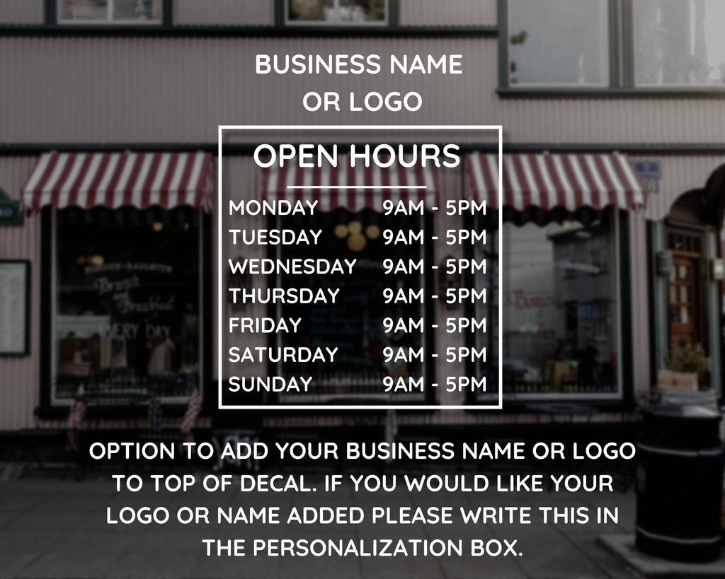 Store Hours Decal, Business Hours Sticker for Storefront, Hours of Operation, Storefront Window Door Lettering, Door Decal