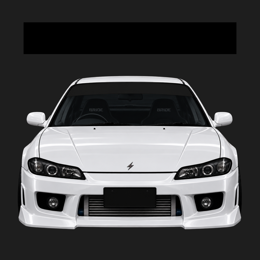 A white Nissan Silvia S15 with a plain black sunstrip windshield banner shown from a front-facing angle against a dark gray background.