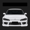 A white Nissan Silvia S15 with a plain black sunstrip windshield banner shown from a front-facing angle against a dark gray background.