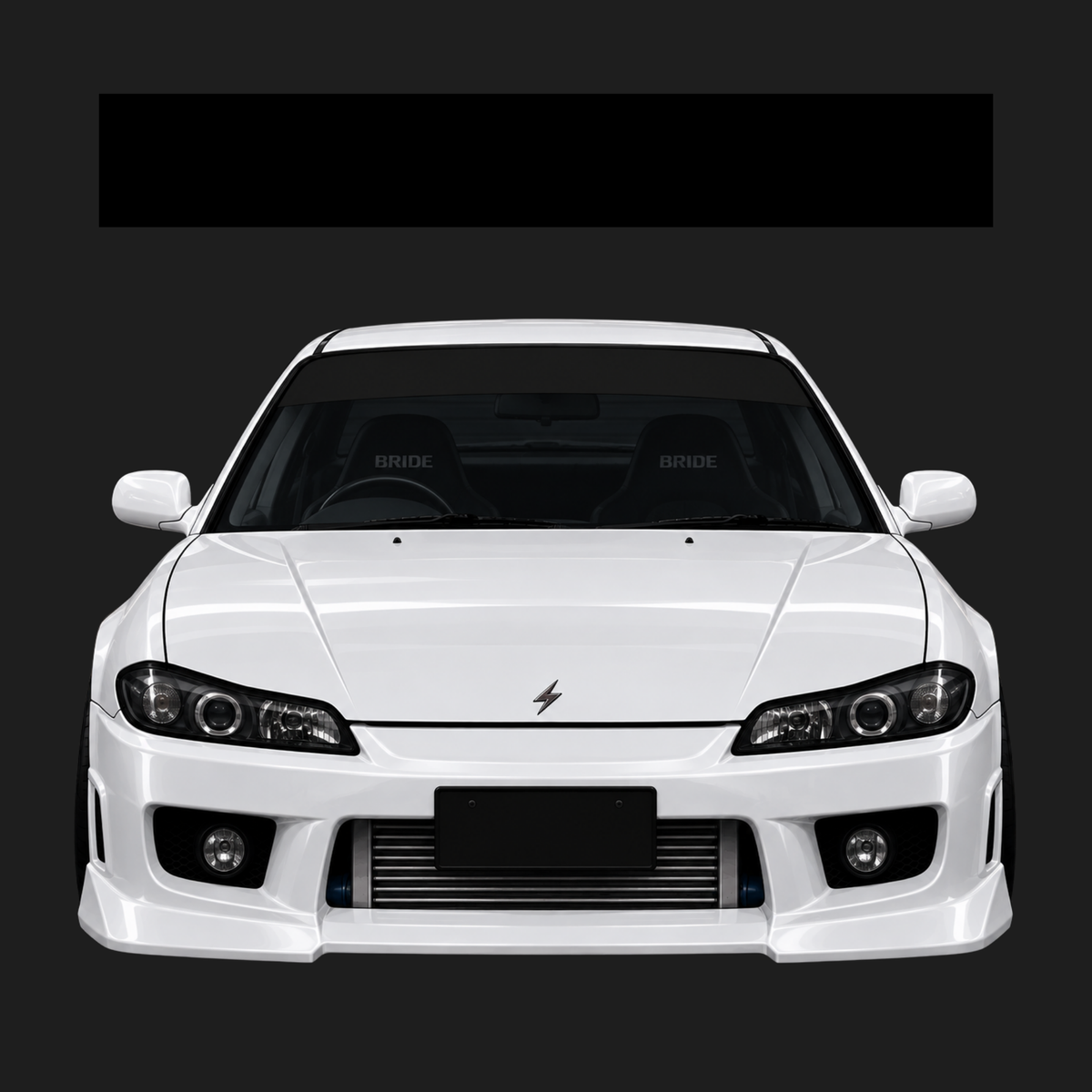 A white Nissan Silvia S15 with a plain black sunstrip windshield banner shown from a front-facing angle against a dark gray background.