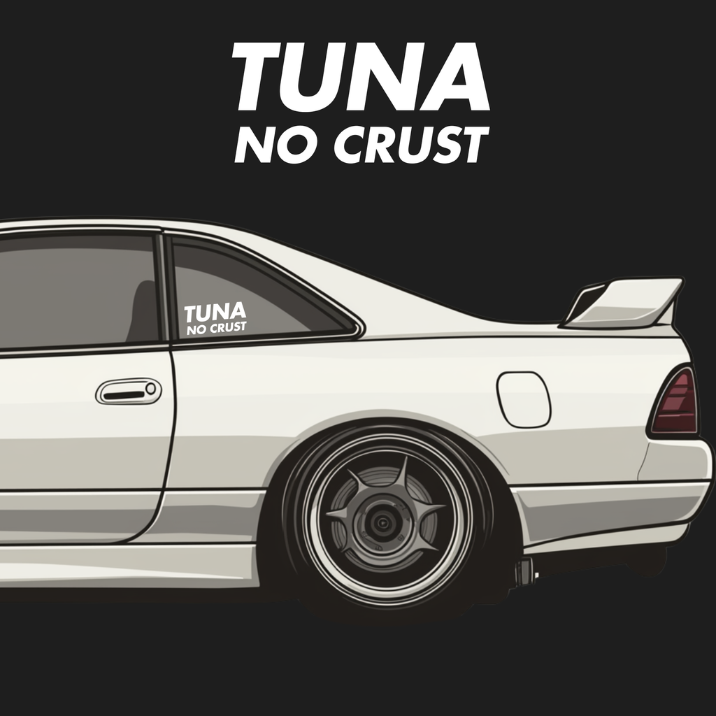 White car with 'TUNA NO CRUST' text on a black background