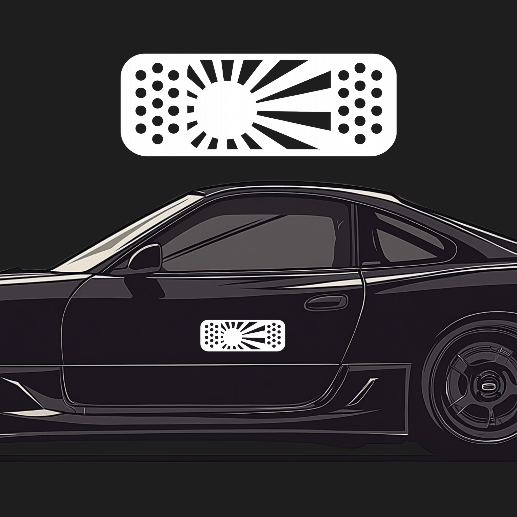 Black car with white rising sun jdm decal on a black background