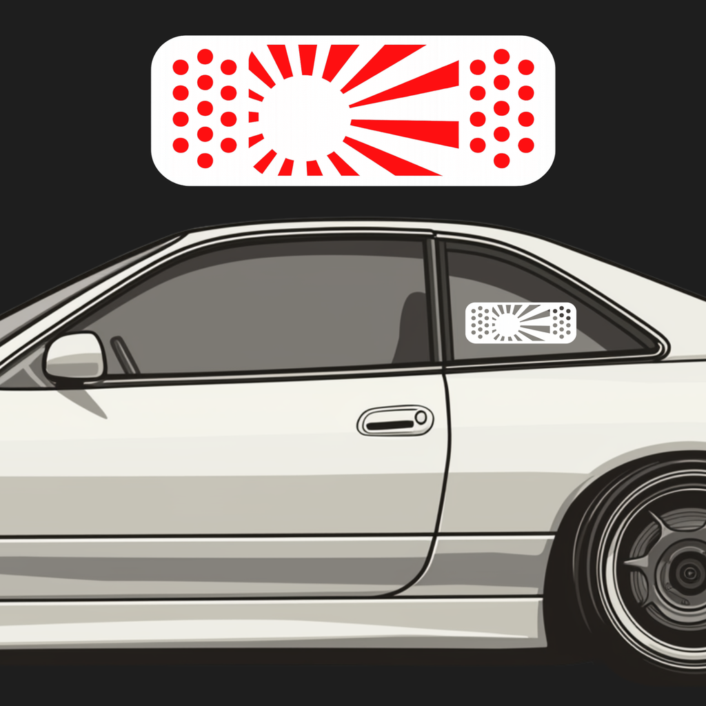 Car with a white and red JDM rising sun decal on the windshield against a black background